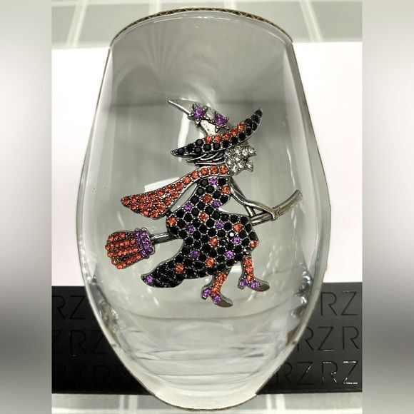 NIB Halloween Witch Set of 2 Stemless Wine Glasses 18.26 oz Rhinestones Bling - Picture 3 of 5